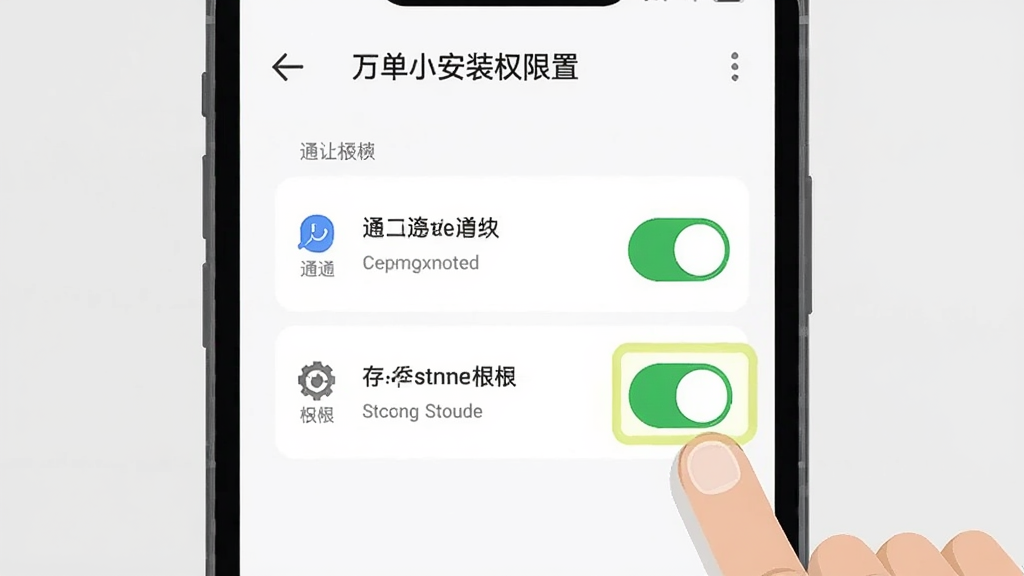 一张展示万能小二接单版安装权限设置的图片,画面中手机屏幕显示权限管理界面,通知和存储权限开关被高亮标注,旁边有手指点击的示意,背景为浅灰色,风格扁平化,细节包括权限图标和文字说明,画质清晰,无多余元素