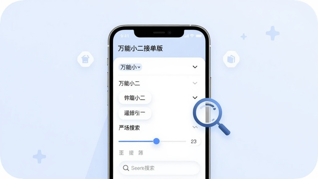 一张表现万能小二接单版筛选搜索功能的图片,画面中央是手机屏幕,屏幕上显示筛选面板,有多个下拉选项和滑块,旁边有一个放大镜图标,背景为淡蓝色,风格现代简洁,细节包括筛选标签和搜索框,画质干净,无多余元素