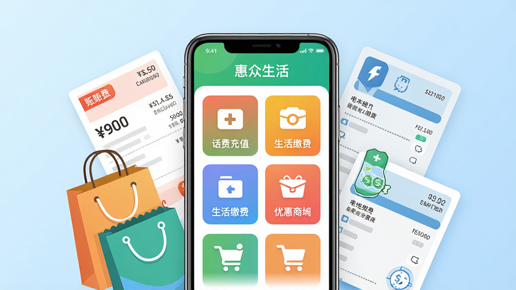 画面中央展示一部智能手机,手机屏幕上显示“惠众生活”APP的首页界面,界面包含话费充值、生活缴费、优惠商城等图标模块,手机周围环绕着话费账单、购物袋、水电费单等生活元素,整体布局为居中构图,风格为现代扁平化插画风,细节上手机屏幕色彩明亮、图标清晰,背景为浅蓝色渐变,画质高清,干净整洁,无多余元素