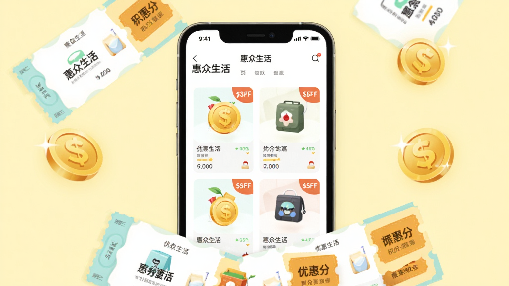 手机屏幕展示“惠众生活”优惠商城页面,页面中有各类商品卡片和优惠券标签,手机下方散落着几张优惠券和积分金币,布局为手机居中、优惠券环绕,风格为清新浅色插画风,细节上商品卡片有折扣角标、积分金币有光泽感,背景为淡黄色,画质高清,干净无杂乱元素
