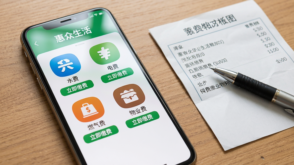 一部手机屏幕显示“惠众生活”生活缴费页面,页面中整齐排列水费、电费、燃气费、物业费图标,每个图标下方有“立即缴费”按钮,手机旁边放着一张纸质缴费通知单和一支笔,布局为左侧手机右侧通知单,风格为写实摄影风,细节上手机屏幕反光自然、图标色彩鲜明,背景为木质桌面,画质清晰,干净无杂物