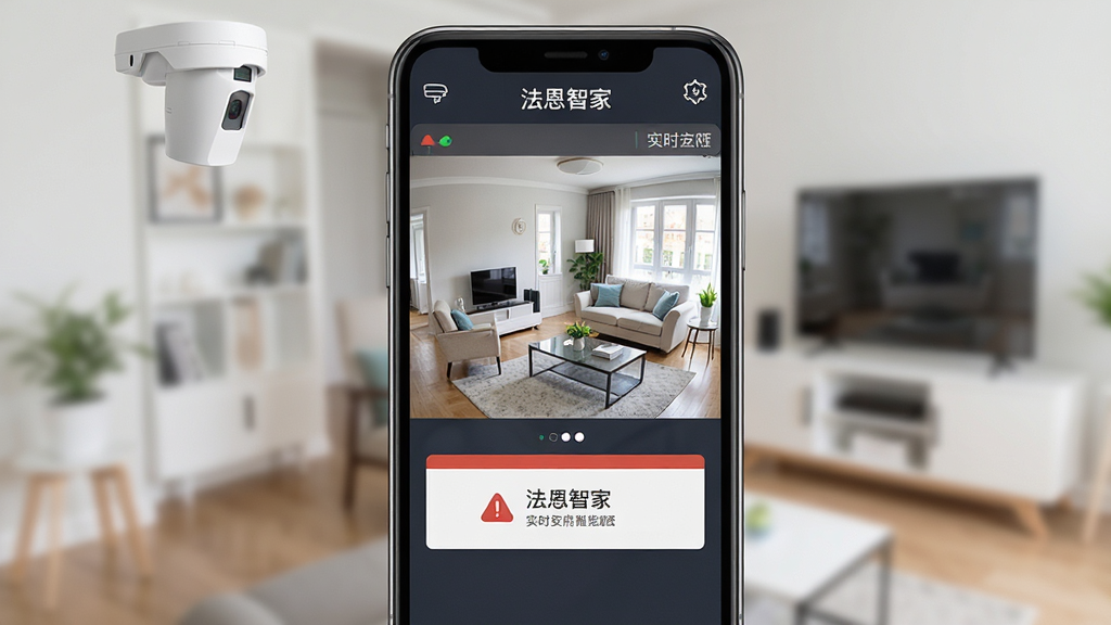 法恩智家实时安防远程监控界面,手机屏幕显示监控画面与告警信息,背景为家庭安防场景,布局清晰直观,风格稳重安全,细节丰富,画质清晰,干净无多余元素