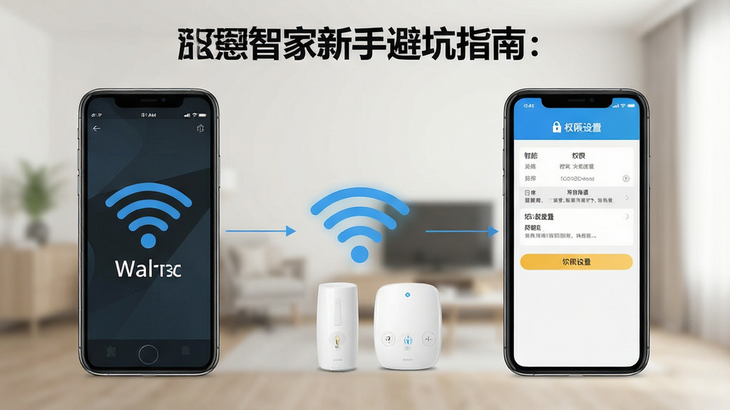 法恩智家新手避坑指南示意图,画面展示手机屏幕与智能设备连接场景,包含WiFi图标与权限设置界面,布局清晰,风格简洁实用,细节明确,画质干净,无多余元素