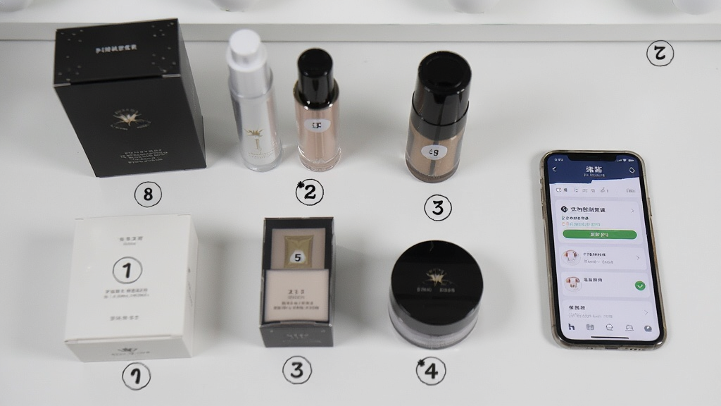 一张整洁的白色桌面上摆放着多个化妆品包装盒与瓶罐,每件产品旁贴有编号标签,画面右侧一部手机显示