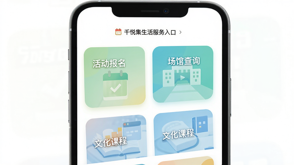 一张展示千悦集生活服务入口的界面示意图,画面中手机屏幕显示多个功能卡片,卡片上分别标注“活动报名”“场馆查询”“文化课程”等字样,背景为白色,卡片采用圆角设计,配色清新,整体布局整齐,画质干净,无多余元素