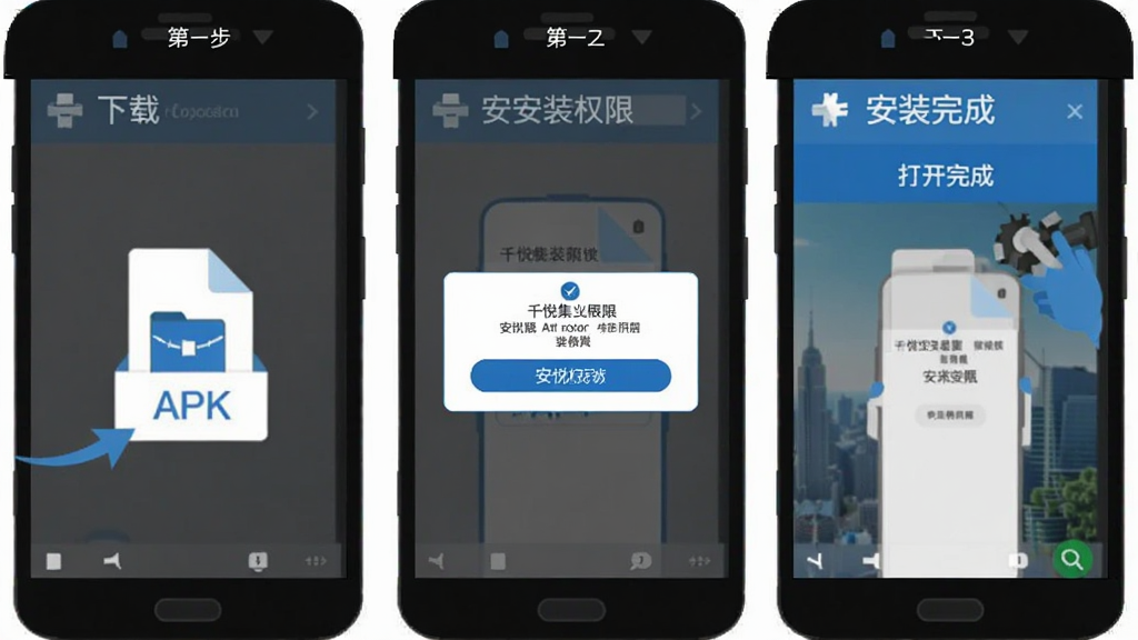 一张展示千悦集安装步骤的示意图,画面分为三个步骤,第一步显示下载APK文件,第二步显示安装权限弹窗,第三步显示安装完成打开界面,采用扁平化风格,色调为蓝白相间,布局清晰,画质干净,无多余元素