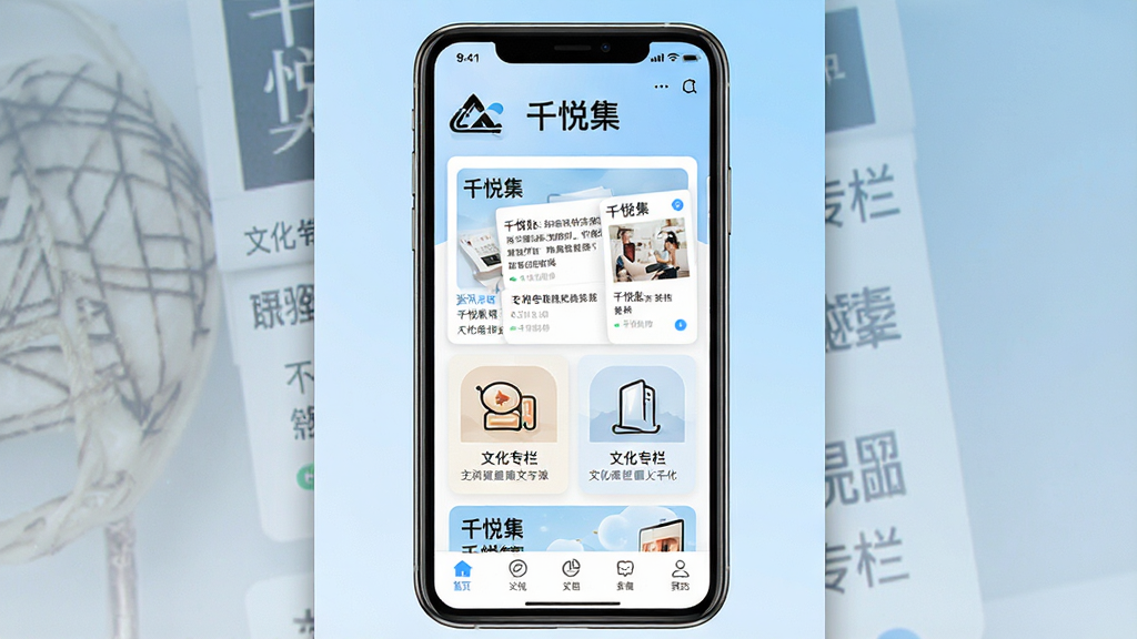 一张展示千悦集软件主界面的手机预览图,画面中央是一部竖屏智能手机,屏幕内显示千悦集应用首页,顶部有“千悦集”文字标识,页面包含资讯卡片、文化专栏图标和底部导航栏,背景为浅蓝色渐变,整体风格简洁现代,细节清晰,画质干净,无多余元素