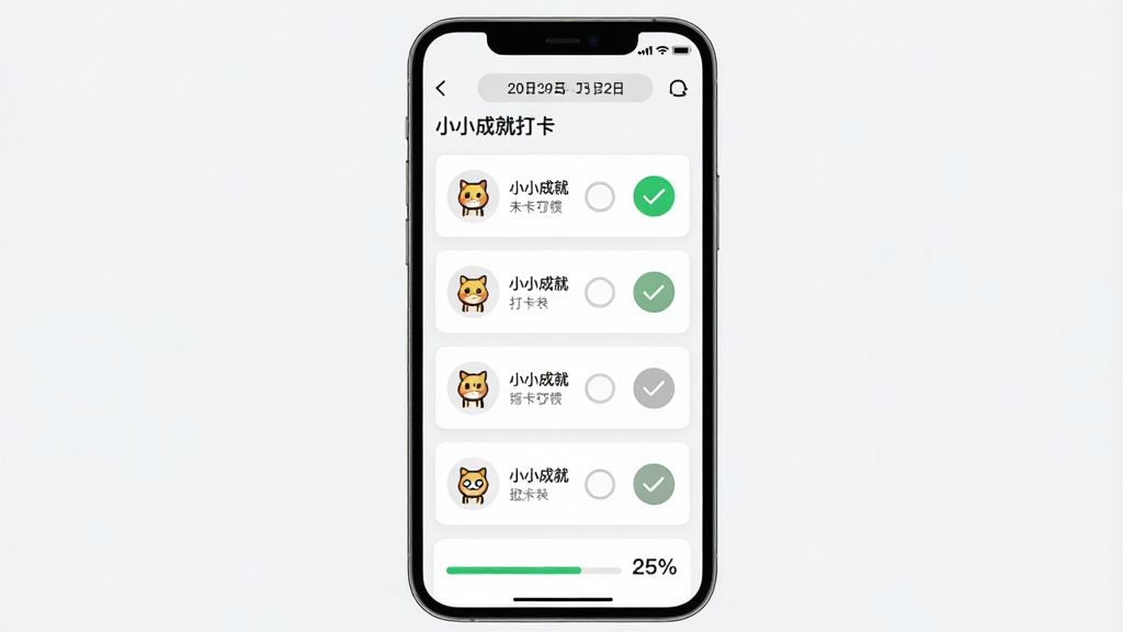 一幅AI生图,画面主体是一部竖屏手机,手机屏幕上展示“小小成就”的打卡列表界面,布局为上下排列的卡片式习惯条目,排版左侧为习惯图标右侧为打卡按钮,风格为清新简约风,细节包括绿色对勾、灰色未完成圆圈、顶部日期栏和底部进度百分比,画质清晰干净无多余装饰