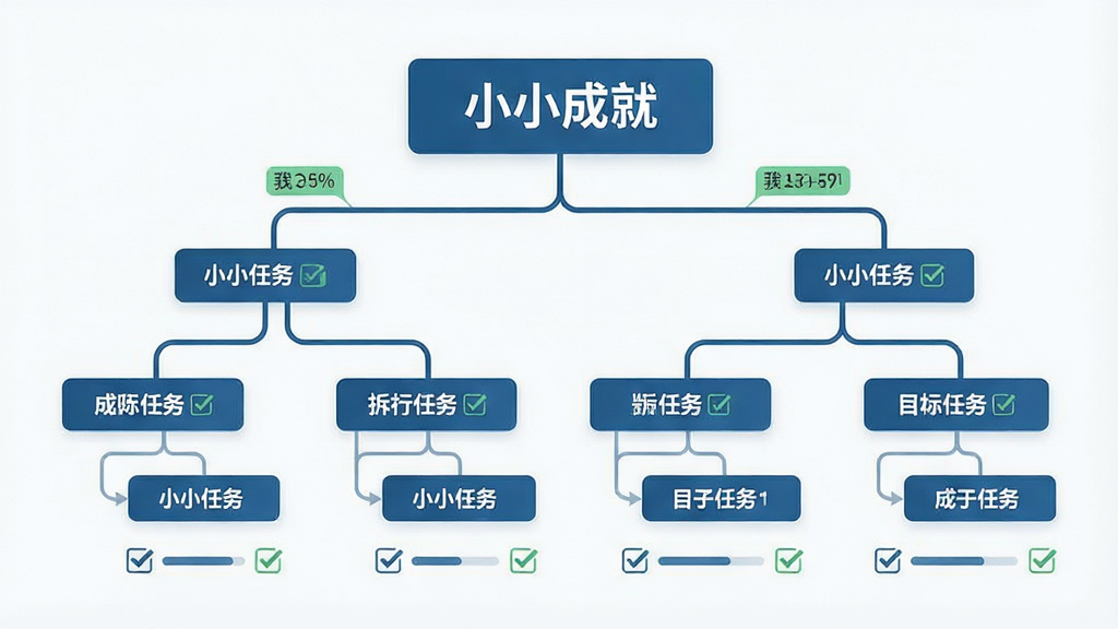 一张信息图风格的AI图片,主体为“小小成就”目标拆解示意图,布局采用树状结构,排版从顶部大目标向下延伸出多个子任务节点,风格为商务简洁风,细节包括连接线、进度百分比标签、复选框和层级缩进,画质高清干净无杂乱元素