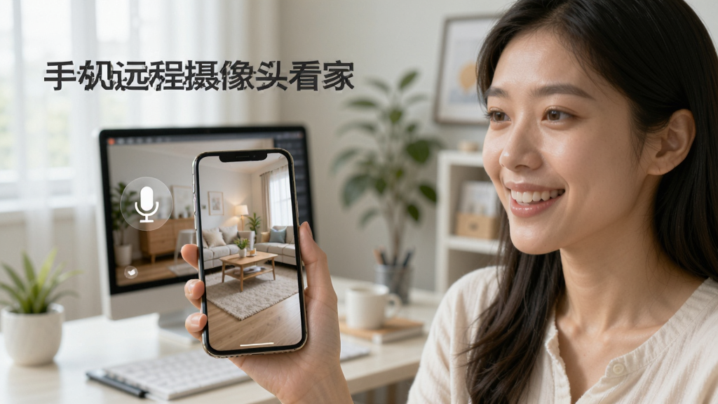一位年轻女士拿着手机微笑说话,手机屏幕显示家中客厅画面和麦克风图标,画面温馨明亮,背景是办公室环境,画面中有