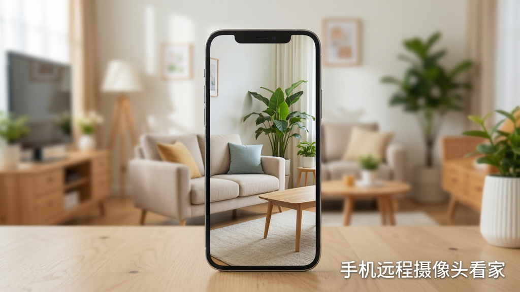 画面中央一部智能手机竖立放置在桌面上,屏幕显示家庭客厅实时监控画面,画面中有沙发和绿植,手机后方是温馨的家居环境虚化背景,整体采用明亮清新的写实风格,细节丰富,画质清晰,干净整洁,无多余元素,软件名称文字