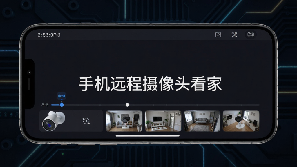 一部手机横屏显示监控回放界面,画面中呈现时间轴和多个摄像头缩略图,界面简洁现代,背景为深色科技感风格,画面中央有