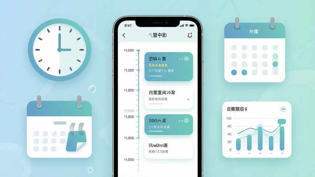 一张展示慧影时间流软件界面的预览图,画面中央是手机屏幕,屏幕上显示时间轴和任务卡片,周围环绕时钟、日历、统计图表等元素,整体布局简洁清晰,排版采用左右分布,风格为现代扁平化科技风,细节包括柔和的蓝绿色调、圆角图标、时间刻度线,画质高清,画面干净,无多余元素