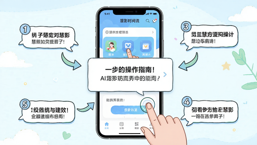 一张展示慧影时间流新手使用指南的AI生图,画面主体是一部手机屏幕显示软件首页和操作提示浮层,布局采用中心构图,排版上手机居中、周围有箭头指示操作步骤,风格为清新插画风,细节包括手指点击图标、步骤数字、提示气泡,画质高清,画面干净,无多余元素