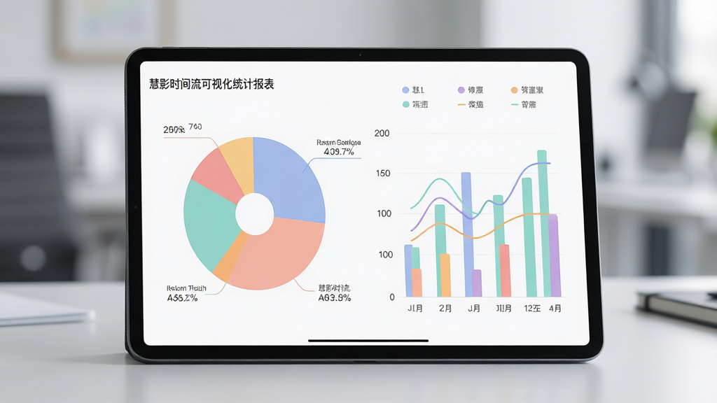 一张展示慧影时间流可视化统计报表功能的AI生图,画面主体是一台平板电脑竖立在桌面上,屏幕显示彩色饼图和柱状图,布局采用三分法构图,排版上图表占据屏幕主要区域、旁边有数据标注,风格为商务简约风,细节包括图表颜色柔和、数据线条流畅、背景虚化处理,画质高清,画面干净,无多余元素