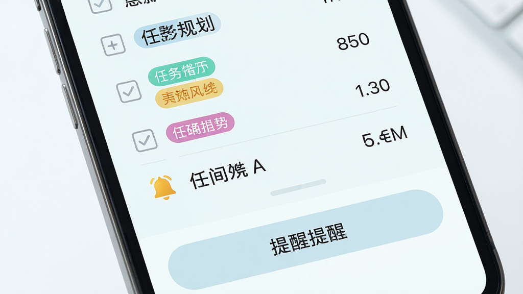 一张展示慧影时间流任务规划与提醒功能的AI生图,画面主体是手机屏幕特写,屏幕上显示任务清单和闹钟提醒图标,布局采用上下结构,排版上任务列表在上、提醒按钮在下,风格为清新浅色系,细节包括复选框、彩色标签、铃铛图标、时间数字,画质高清,画面干净,无多余元素