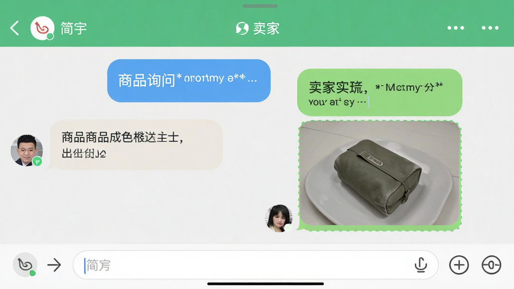 手机聊天界面展示“简宇”应用内对话,左侧是买家询问商品成色,右侧是卖家回复并发送商品实拍图,界面中有文字气泡和图片缩略图,底部输入框可见,风格简洁明快,画质清晰,干净无多余元素