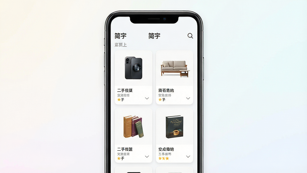 画面中央展示一部智能手机,手机屏幕上显示二手交易应用界面,界面顶部有“简宇”应用名称,页面中排列着各类二手商品卡片,包括数码产品、家具、书籍等,背景为干净浅色渐变,整体布局简洁有序,风格现代清新,细节清晰可见,画质高清,干净无多余元素