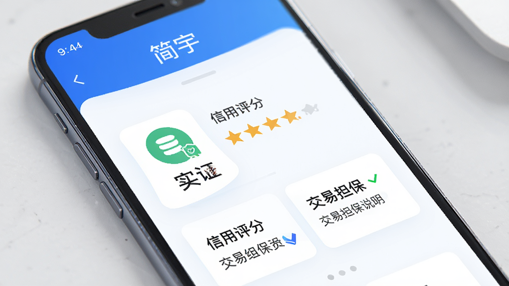手机屏幕展示“简宇”安全中心页面,页面中有实名认证图标、信用评分星级、交易担保说明卡片,配色以蓝白为主,风格专业可靠,布局整齐,画质高清,干净无多余元素