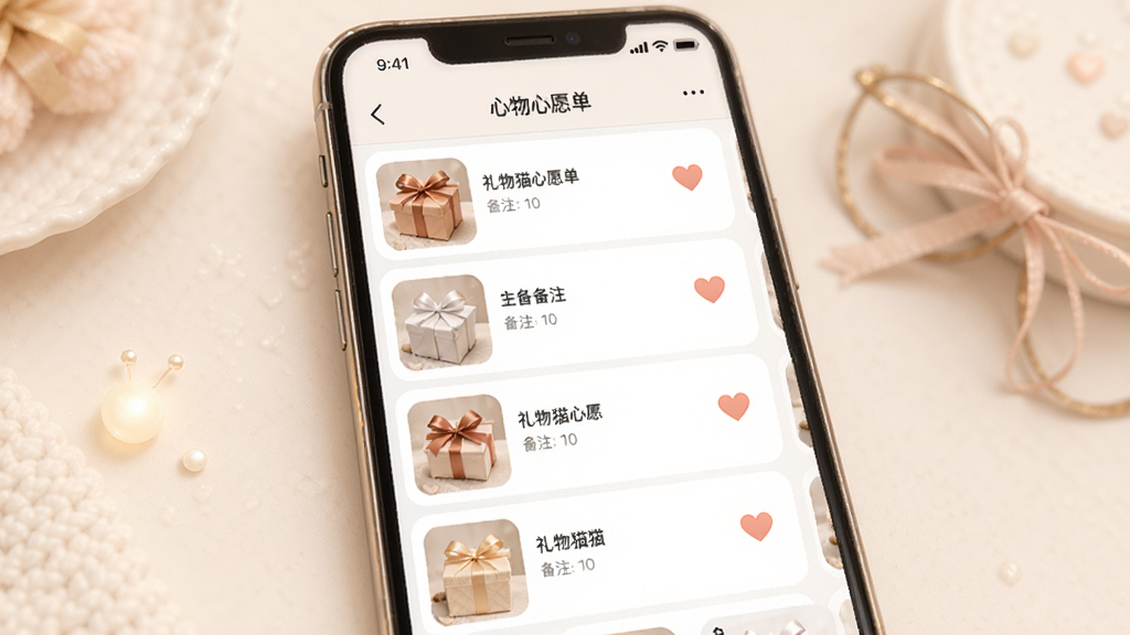 礼物猫心愿单功能展示图,主体为手机界面显示心愿单列表,布局纵向排列,排版清晰,风格柔和温馨,细节包含礼物缩略图、备注文字和心形图标,画质高清,干净,无多余元素