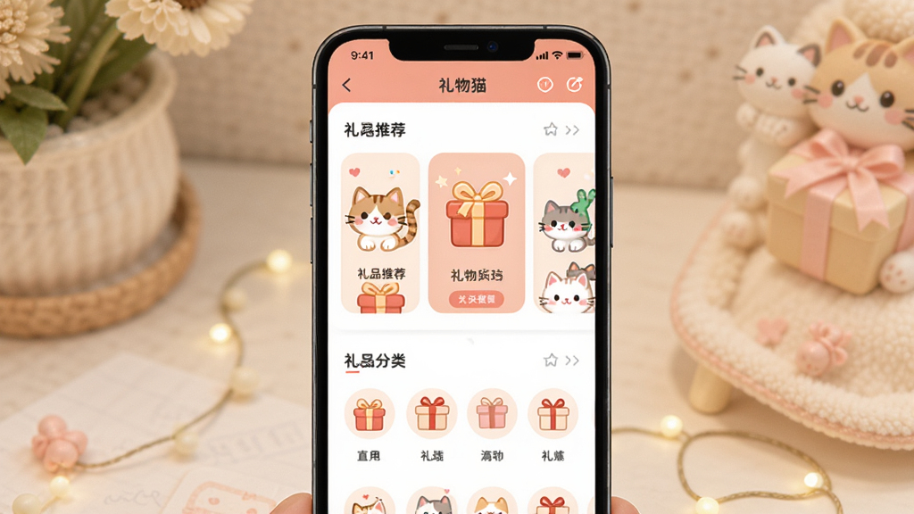 礼物猫软件主界面预览图,主体为一个手机屏幕展示礼物猫APP首页,布局中央为礼品推荐卡片和分类图标,排版清晰整齐,风格温馨可爱,细节包含猫咪元素和礼物盒图标,画质高清,干净,无多余元素