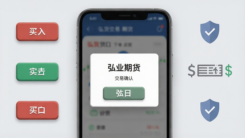 一张展示期货交易下单界面的概念图,画面中央是手机屏幕显示“弘业期货”交易确认弹窗,背景为浅灰色,周围有买入卖出按钮、资金流水图标和盾牌安全图标,布局为左右对称,风格商务简约,细节上按钮有轻微立体感,画质高清,画面干净无多余元素