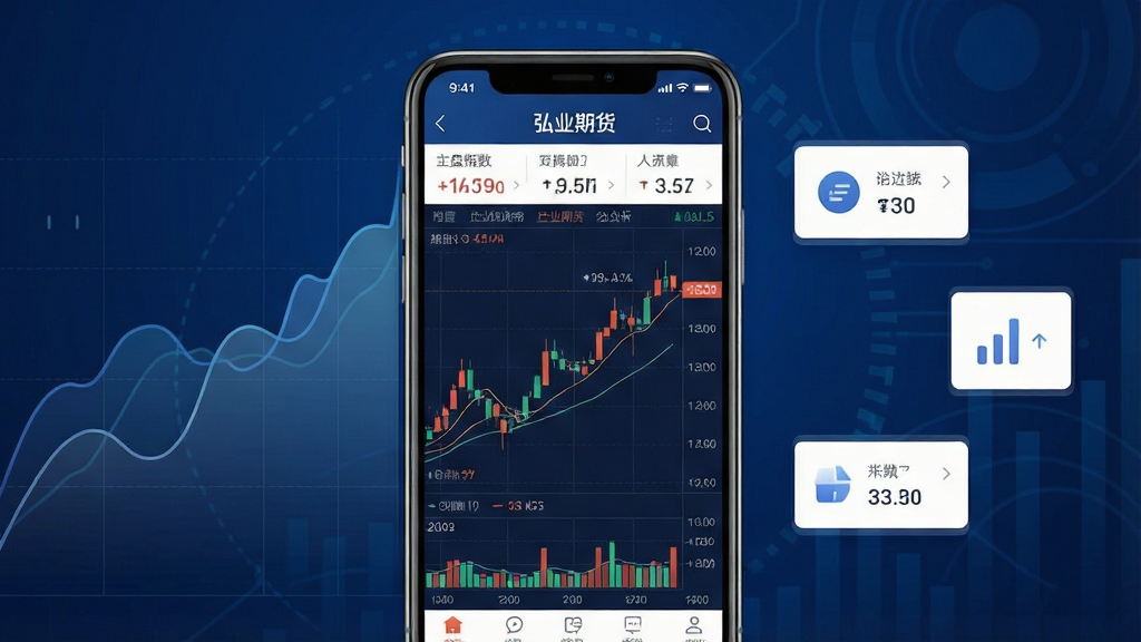一张展示弘业期货手机应用界面的概念图,画面中央是一部竖屏智能手机,屏幕内显示弘业期货APP的行情列表与K线图,背景为深蓝色金融科技风格,左侧有半透明的大盘指数走势曲线,右侧漂浮着几个简洁的数据卡片图标,整体布局干净,排版居中,风格现代商务,细节上手机边框有轻微反光,屏幕内文字清晰显示“弘业期货”字样,画质为高清2K,画面干净无多余元素