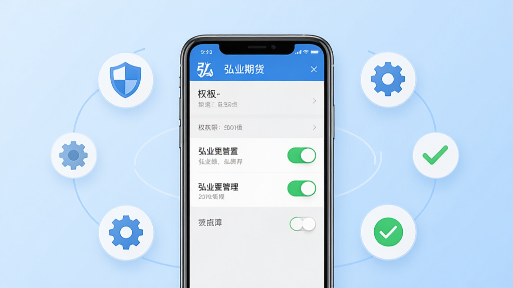 一张展示手机安全设置界面的概念图,画面中一部手机屏幕显示“弘业期货”应用权限管理页面,旁边有盾牌、齿轮和勾选图标,背景为浅蓝色渐变,布局为居中手机加周围图标环绕,风格简约安全主题,细节上权限开关有绿色高亮,画质高清,画面干净无多余元素