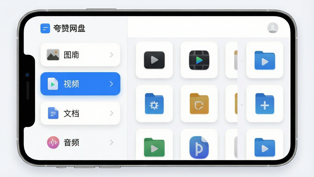 一张展示夸赞网盘智能分类功能的界面截图风格图,画面主体为夸赞网盘的文件分类面板,左侧显示图片、视频、文档、音频等分类标签,右侧展示对应的文件缩略图网格,布局为左右分栏排版,风格为清新简约的移动端UI设计,细节包含圆角卡片、柔和阴影、蓝色高亮选中状态,画质高清,画面干净,无多余元素