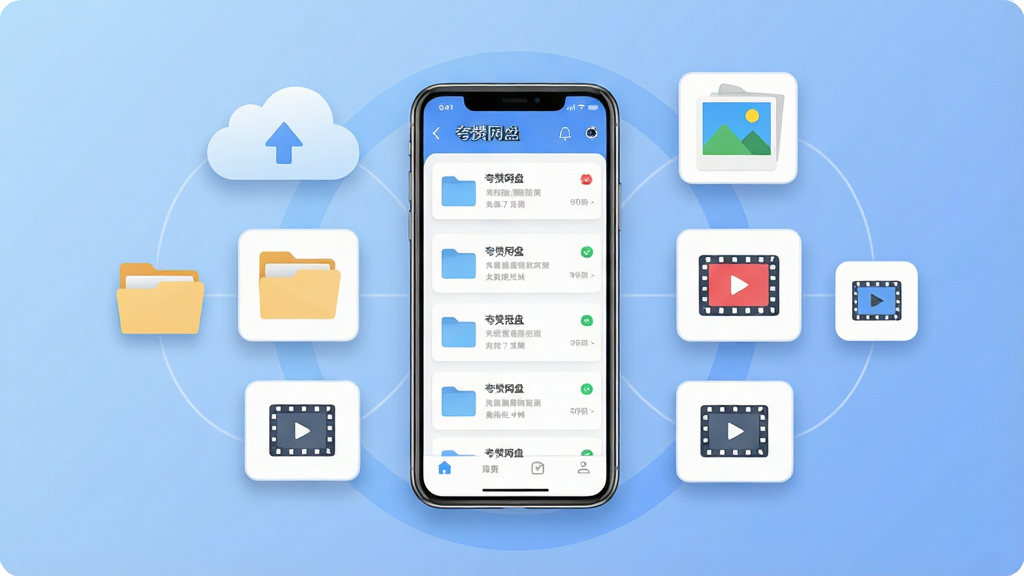 一张展示夸赞网盘核心功能的整体概览图,画面中央放置一部智能手机,手机屏幕显示夸赞网盘的文件列表界面,周围环绕着云朵、文件夹、照片、视频等图标元素,布局采用居中放射状排版,风格为现代扁平化科技风,细节包括柔和的蓝色渐变背景、干净的文件缩略图卡片、轻量阴影,画质为高清4K,整体干净整洁,无多余装饰元素