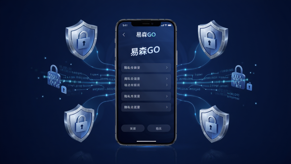 一幅表现“易森GO”安全隐私保护概念的插画,画面中央是一部手机,手机屏幕显示“易森GO”隐私设置页面,周围有盾牌、锁形图标和加密数据流线条,布局以手机为中心向外辐射,风格现代科技感,细节上盾牌有金属质感、线条流畅、背景为深蓝渐变,画质高清、干净、无多余元素