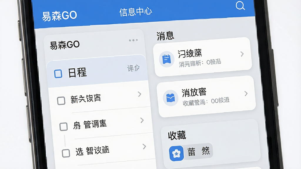 一张展示“易森GO”信息管理功能的界面示意图,画面为手机屏幕特写,屏幕中显示“易森GO”信息中心页面,包含日程列表、消息卡片和收藏标签,布局清晰分栏,风格简约商务,细节上卡片有圆角、字体大小层次分明、配色以浅灰与蓝色为主,画质高清、干净、无多余元素
