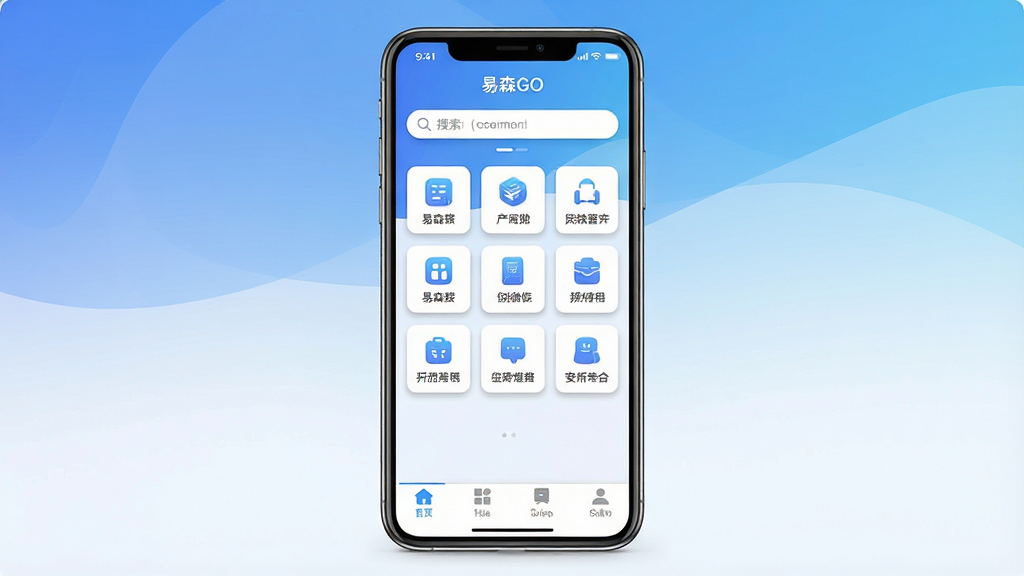 一张展示“易森GO”移动应用主界面的手机屏幕截图,画面中央是一部竖屏智能手机,屏幕上显示“易森GO”应用首页,界面包含顶部搜索栏、中部功能图标网格、底部导航菜单,色彩以蓝白渐变为主,风格简洁现代,细节上图标清晰、文字锐利、按钮有轻微阴影,画质高清、干净、无多余元素