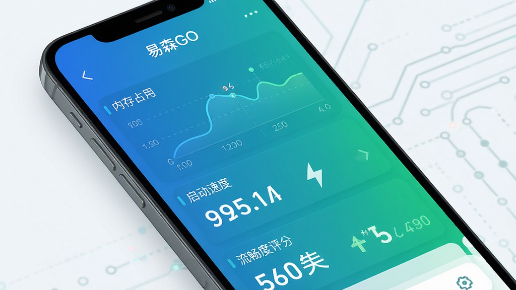 一张展示“易森GO”轻量流畅运行的性能示意图,画面为手机屏幕显示“易森GO”运行状态面板,包含内存占用曲线、启动速度指标和流畅度评分,布局以数据图表为主,风格极简科技,细节上图表线条清晰、数值醒目、配色为蓝绿渐变,画质高清、干净、无多余元素