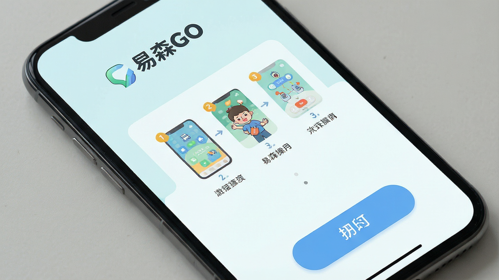 一张展示“易森GO”新手操作引导页面的手机截图,画面为手机竖屏,屏幕显示“易森GO”欢迎界面,包含分步引导图示和跳过按钮,布局简洁明了,风格清新浅色,细节上按钮有圆角、文字清晰、配图生动,画质高清、干净、无多余元素