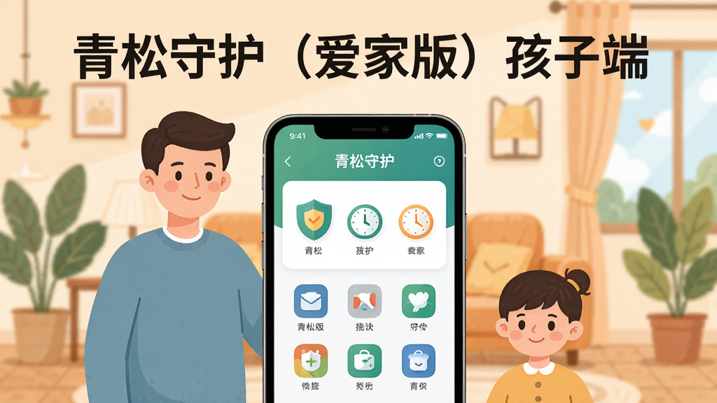 主体为一部智能手机屏幕中显示青松守护(爱家版)孩子端软件界面,布局采用居中构图,手机两侧分别站立一位家长和一名孩子,背景为温馨家居环境,排版上方用大号字体写