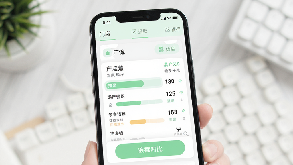 课流软件多门店管理界面图,画面主体为手机屏幕显示门店列表与对比图表,布局为上方门店名称下方数据对比条,风格为清新浅色系,细节包括浅绿色点缀、白色卡片、圆角按钮与简洁图标,画质高清干净无多余元素
