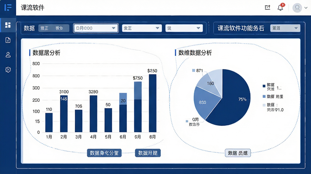 课流软件功能界面截图,画面中央展示多维数据分析图表,包含柱状图与饼图,周围环绕数据标签与日期筛选按钮,布局为上下结构上方为筛选栏下方为图表区,风格为简约商务风,细节包括深蓝色主色调、白色背景、细线边框与清晰数字标注,画质高清干净无多余元素
