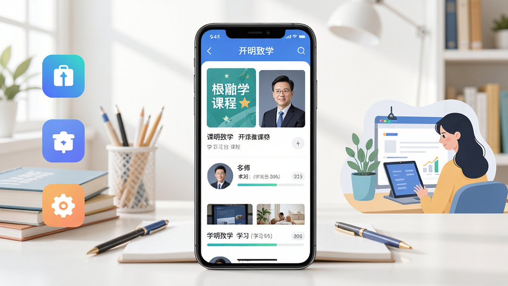 开明致学在线教育学习平台主界面展示,画面中央放置一部智能手机,屏幕显示开明致学APP课程列表页面,背景为明亮书房环境,书桌上摆放课本与文具,整体布局左中右三分法,左侧为软件功能图标,中间为手机主体,右侧为学习场景插画,风格清新现代扁平化,细节包括课程封面、名师头像、学习进度条,画质高清干净无多余元素