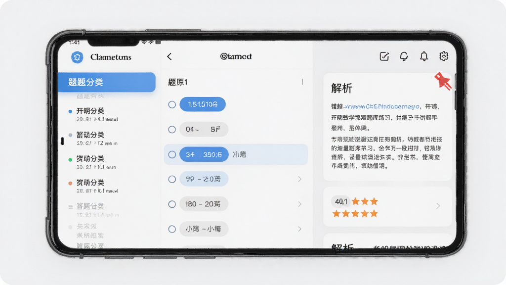 开明致学海量题库练习界面展示,主体为手机屏幕显示题库列表与答题界面,布局采用左右分栏,左侧为题目分类菜单,右侧为答题区域与解析卡片,排版整齐清晰,风格简约教育风,细节包括题目编号、选项按钮、解析文字、错题标记,画质高清干净无多余元素