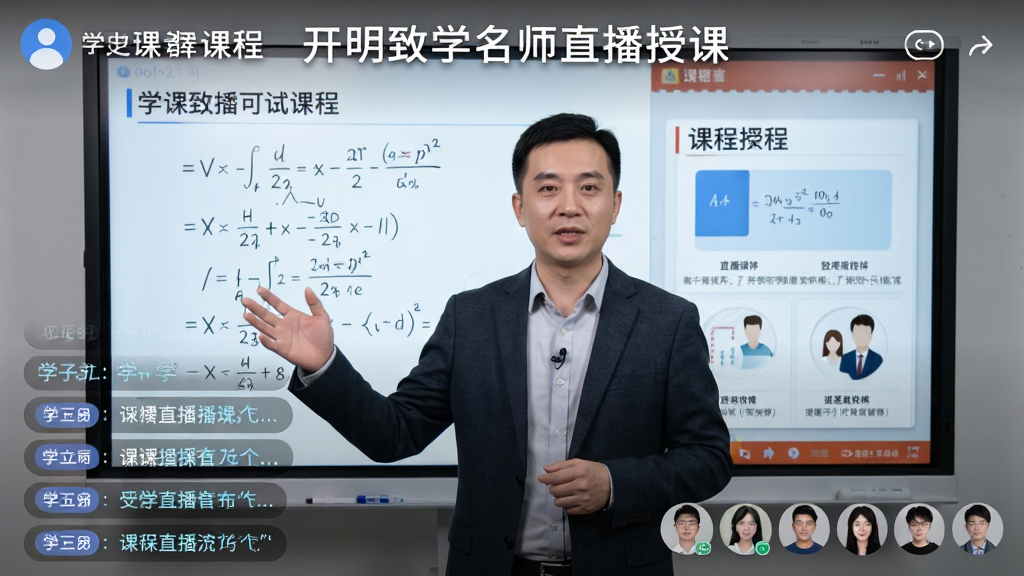 开明致学名师直播授课场景,主体为一位教师在直播间授课的画面,布局采用中心构图,教师位于画面中央,背景为电子白板与课程PPT,排版上方显示课程标题,下方显示学生互动弹幕,风格写实教育场景,细节包括教师手势、白板公式、学生头像列表,画质高清干净无多余元素