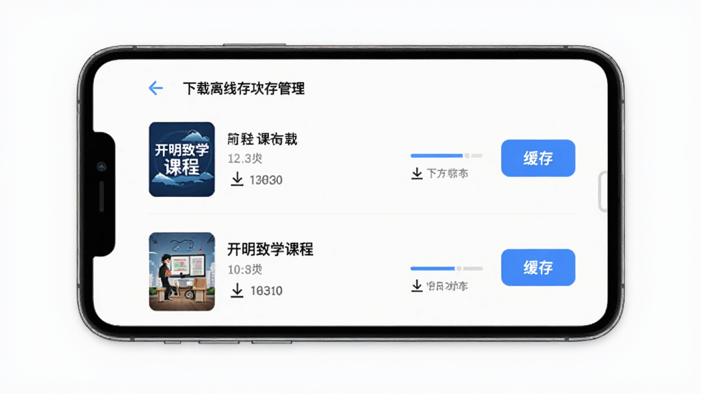 开明致学课程离线缓存功能展示,主体为手机屏幕显示下载管理界面,布局采用列表式排版,每个课程条目右侧显示下载进度与缓存按钮,风格清爽简洁,细节包括课程封面缩略图、文件大小、下载状态图标,画质高清干净无多余元素