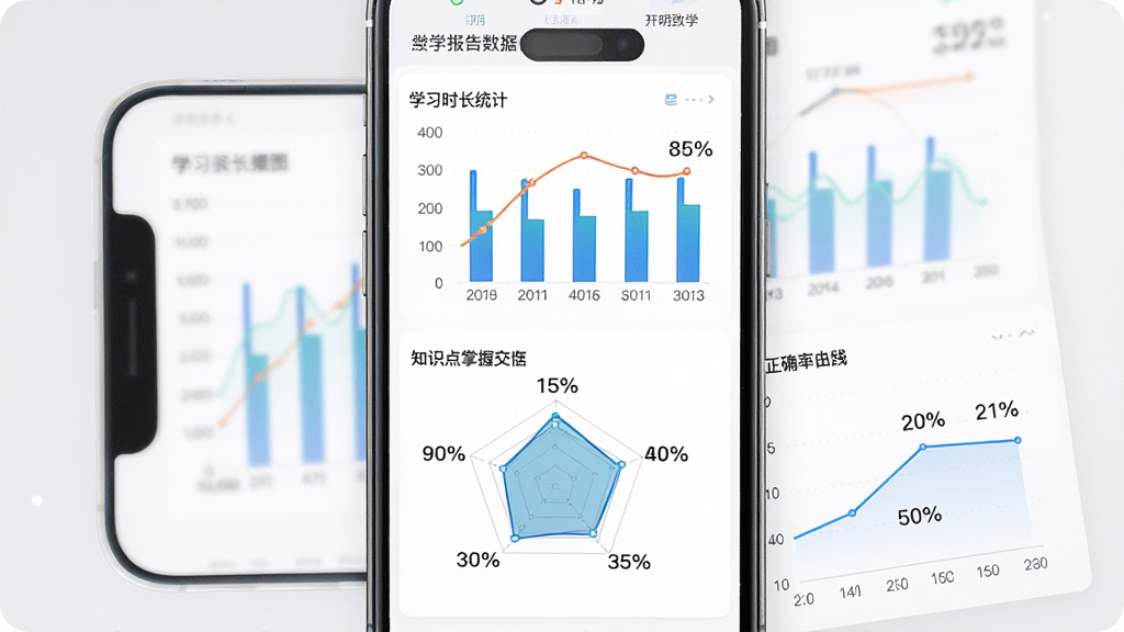 开明致学学习报告数据分析页面,主体为手机屏幕展示学习报告图表,布局采用上下结构,上方为学习时长统计图,下方为知识点掌握雷达图与正确率曲线,排版对称美观,风格现代数据可视化,细节包括柱状图、折线图、百分比数字,画质高清干净无多余元素