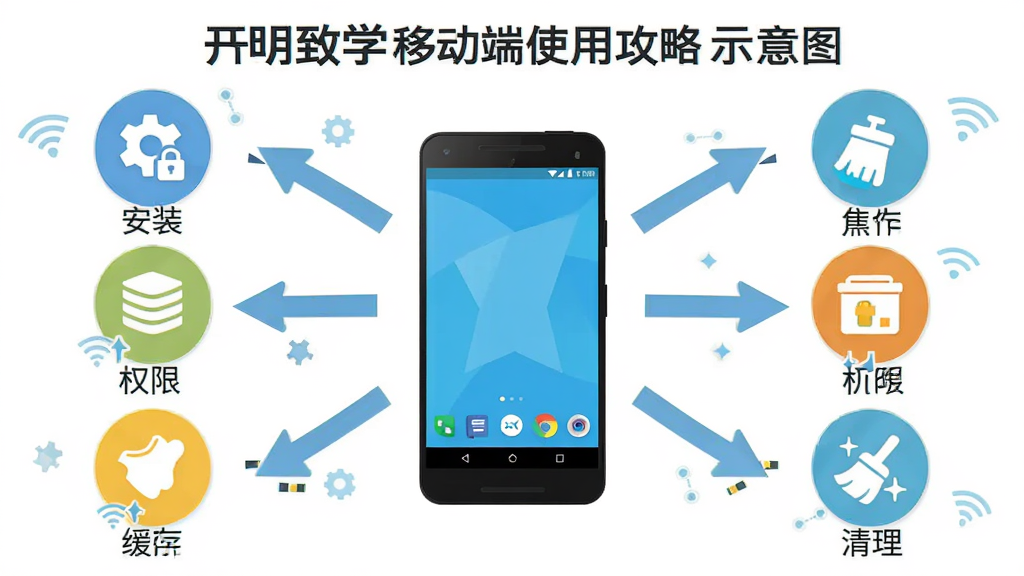开明致学移动端使用攻略示意图,主体为一部安卓手机与操作步骤标注,布局采用中心放射式,手机位于中央,四周分布安装、权限、缓存、清理等步骤图标,排版清晰有序,风格扁平化教程风,细节包括箭头指引、齿轮图标、存储图标、WiFi符号,画质高清干净无多余元素