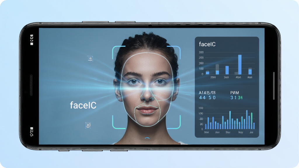 一张展示 faceIC 软件主界面的手机样机图,画面中央是一部安卓手机,屏幕显示面部识别扫描的动态光效与数据面板,背景为淡蓝色渐变,布局简洁,风格科技清新,细节包含面部轮廓线和数据图表,画质高清,干净,无多余元素