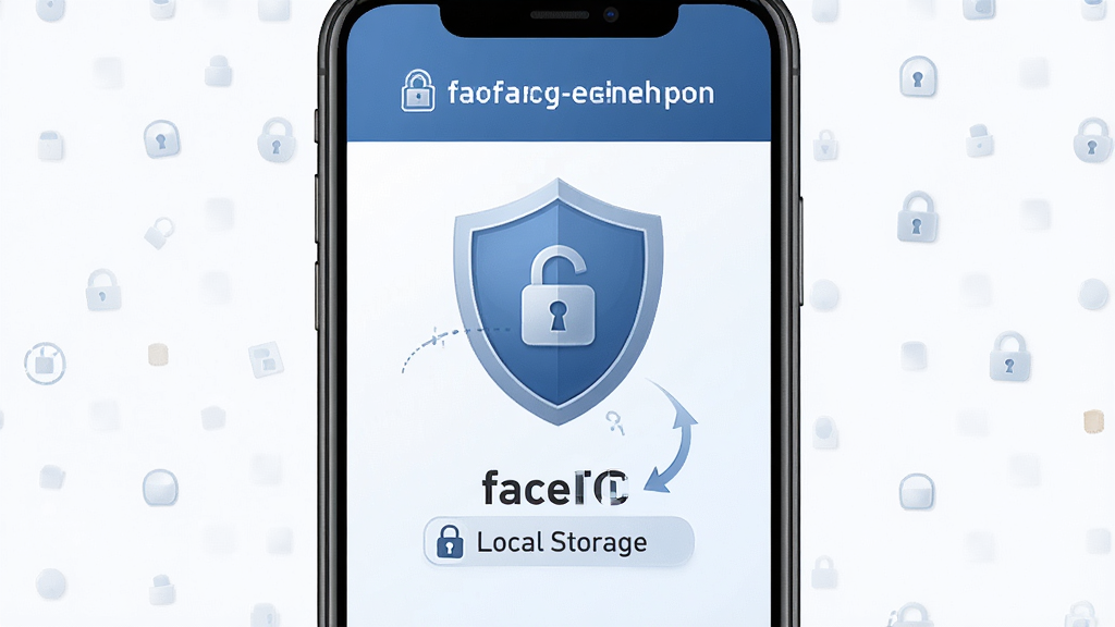 一张 faceIC 隐私保护功能示意图,画面为手机屏幕显示盾牌图标与本地存储标识,布局居中对称,风格安全稳重,细节有锁形图案和文字标注,画质高清,干净,无多余元素