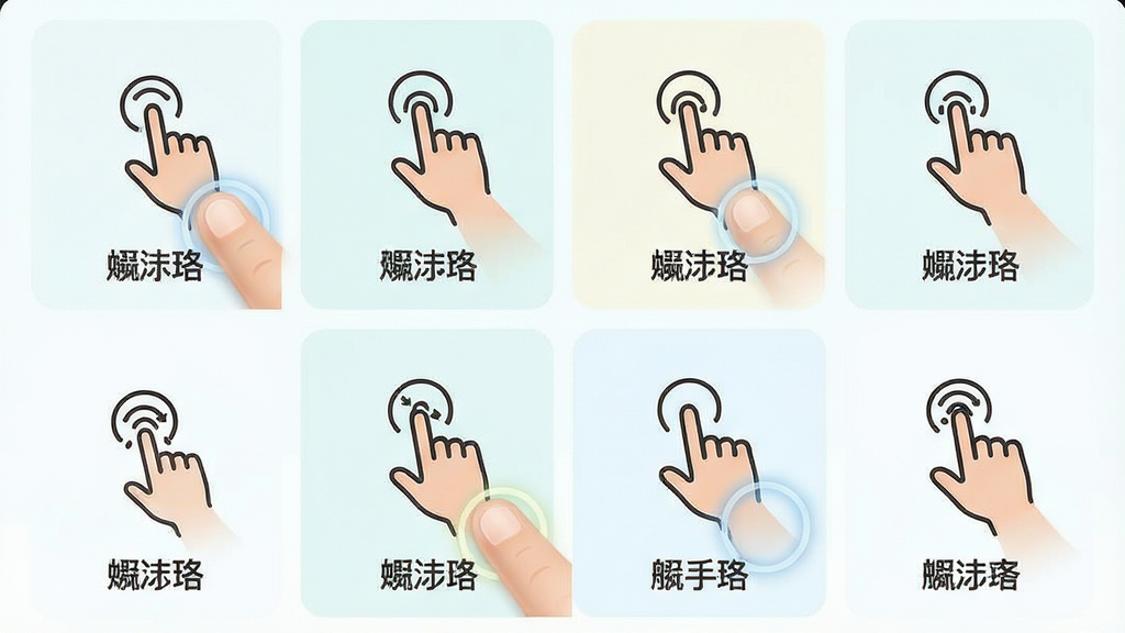 一张 faceIC 移动端操作手势示意图,画面为手机屏幕展示滑动、点击等手势图标与对应功能标签,布局为网格排列,风格清新浅色,细节有手指触控动画效果,画质高清,干净,无多余元素