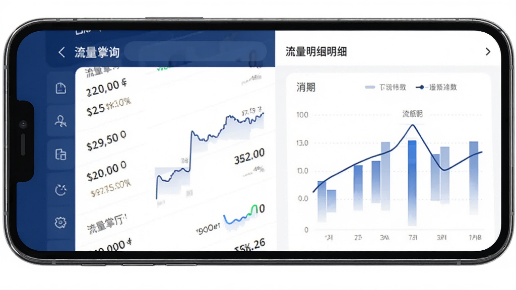 流量掌厅APP的账单查询页面,画面中展示手机屏幕上的账单列表和流量明细图表,布局清晰,风格简约商务,色彩以深蓝和白色为主,细节丰富,画质高清,干净无多余元素