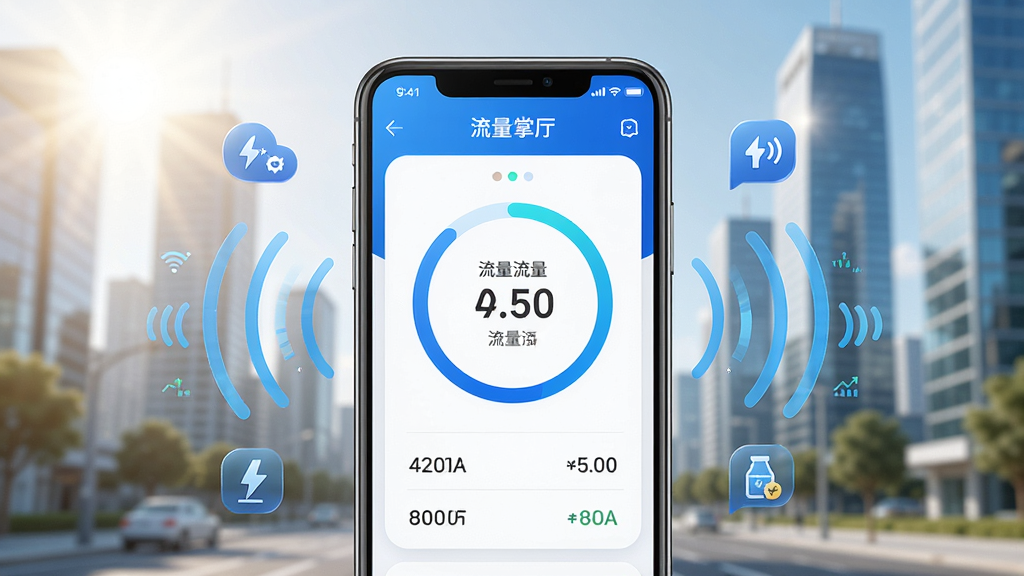 阳光明媚的现代城市背景下,一部智能手机屏幕显示流量掌厅APP的流量监控仪表盘界面,界面中有清晰的流量环形进度条和数字统计,手机周围环绕着信号波纹和流量数据图标,整体布局居中对称,风格简洁科技感,色彩以蓝色和白色为主,细节清晰,画质高清,干净无多余元素
