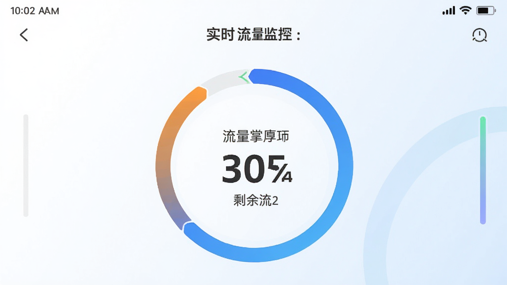流量掌厅APP界面截图风格,展示实时流量监控页面,页面中央有醒目的流量使用环形图和剩余流量数字,背景为简洁的白色与浅蓝色渐变,界面元素清晰,画质高清,干净无多余元素